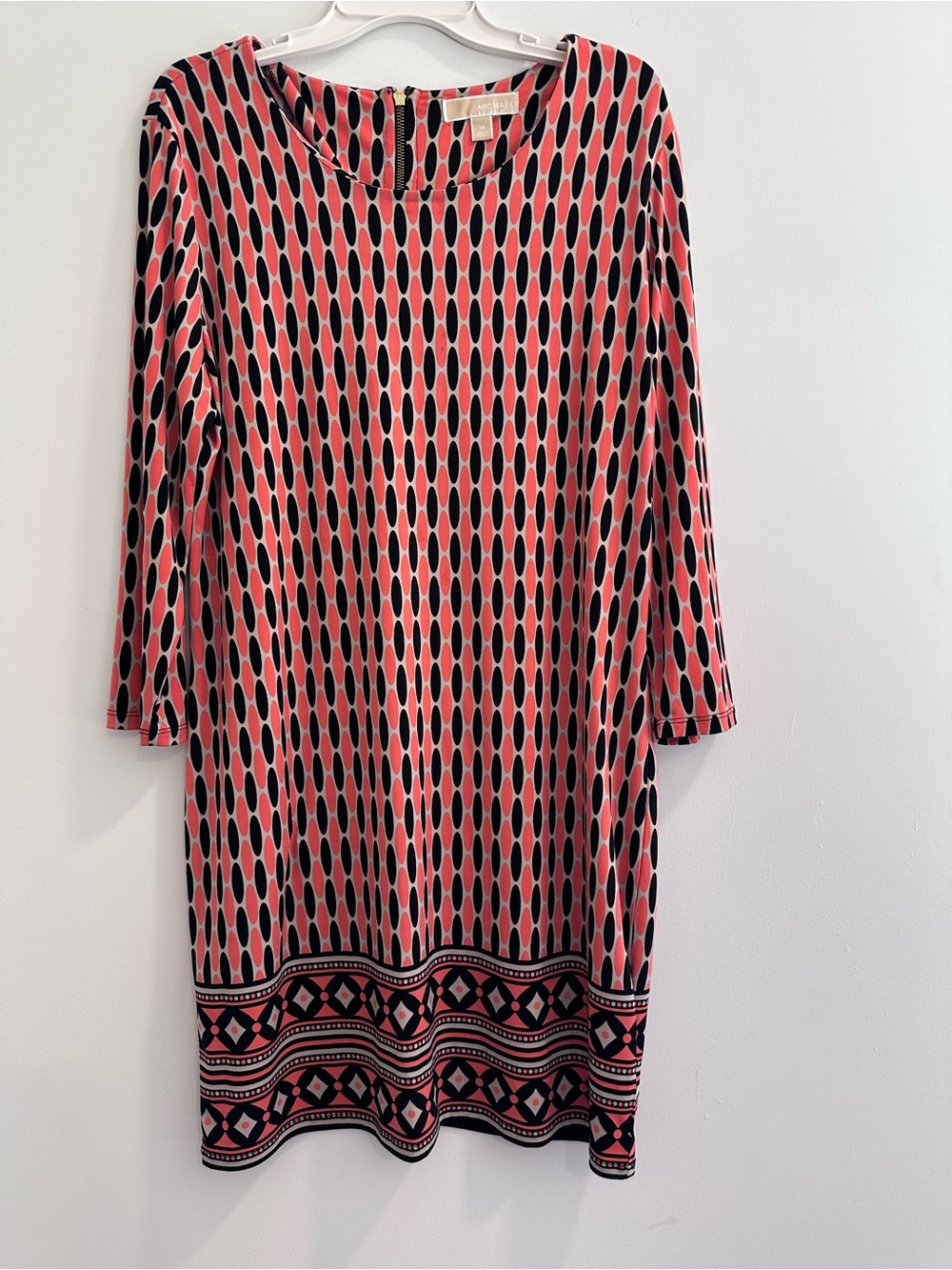 Michael Kors Coral and Black Geometric Long Sleeve Shift Dress